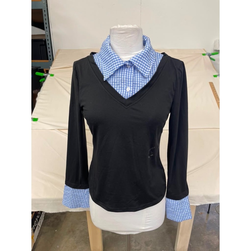 Womens Black V-Neck Layered Gingham Collar and Cuff Long Sleeve Top Small